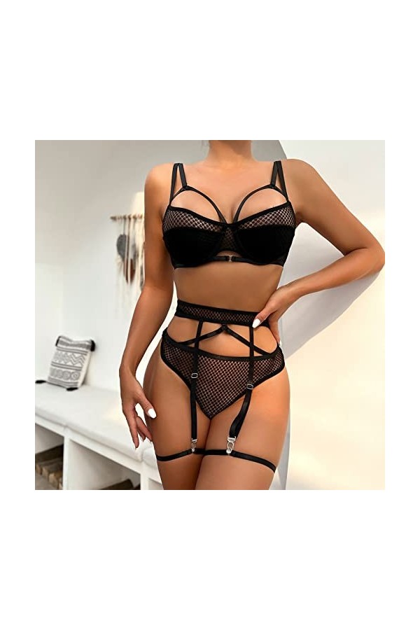 Hekbaep Sous-vêtements sexy pour femme avec anneaux de jambe - Sous-vêtements sexy fluo, Noir , S