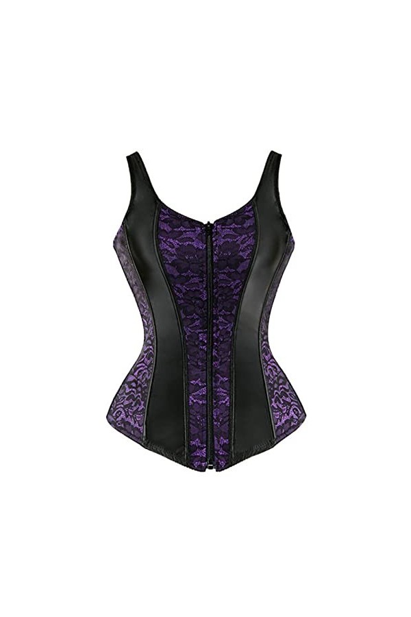 Flower Lace Up Corsets pour Femmes Zipper Bandoulière Bustier Corset Overbust Sexy Lingerie Style Brocart Rouge Violet