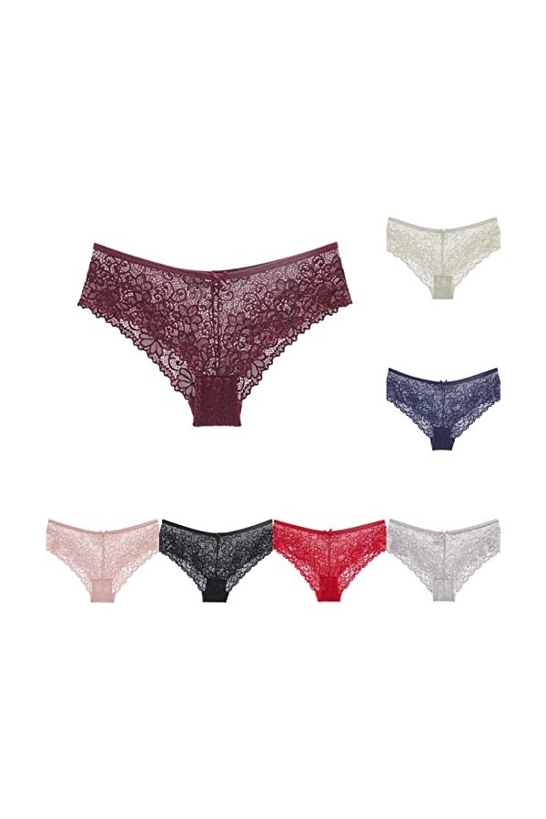 Shorties Femmes 3/5/7 pièces Multi-Taille Dentelle sans Couture Dames Pur Coton Sexy Culotte Transparente en Maille 7 Multico