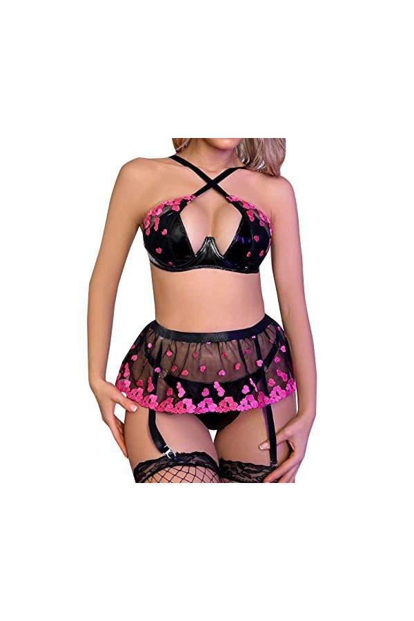 HELLORSOON Lingerie Sexy en Cuir Femme Dos NuSensuel Doux Noir Sets Soutien-Gorge Push-Up et String Bas Ouvertures érotiques 