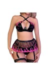 HELLORSOON Lingerie Sexy en Cuir Femme Dos NuSensuel Doux Noir Sets Soutien-Gorge Push-Up et String Bas Ouvertures érotiques 