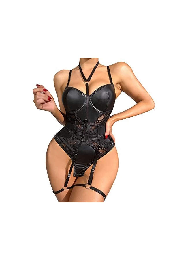 HELLORSOON Lingerie Sexy en Cuir Femme Érotique Glamour Cuir Corset Ensemble Nuisette et String Teddy Ouvertures provocantes 