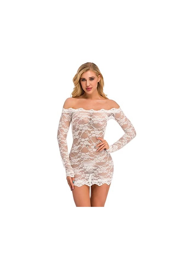 Ensembles De Lingerie De Noël - Dentelle Sexy Sexy Dentelle Creuse Crochet Fleur Sling Une Épaule À Manches Longues Sexy Robe