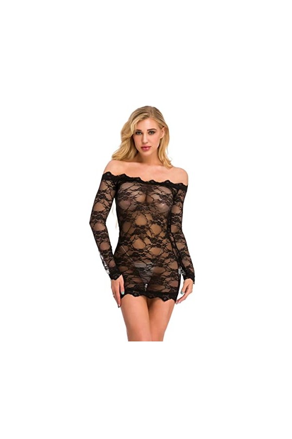 Ensembles De Lingerie De Noël - Dentelle Sexy Sexy Dentelle Creuse Crochet Fleur Sling Une Épaule À Manches Longues Sexy Robe