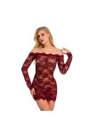 Ensembles De Lingerie De Noël - Dentelle Sexy Sexy Dentelle Creuse Crochet Fleur Sling Une Épaule À Manches Longues Sexy Robe
