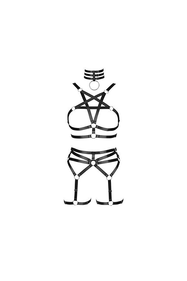 Harnais complet pour femme - Porte-jarretelles - Lingerie cage gothique punk pentagramme - Sangle de poitrine - Grande taille