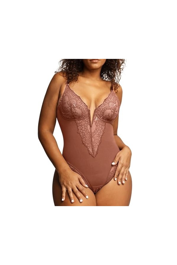 Fulidngzg Body string pour femme - Noir - Lingerie érotique - Body en résille sexy - Entrejambe ouvert - Dentelle, marron, S