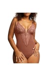 Fulidngzg Body string pour femme - Noir - Lingerie érotique - Body en résille sexy - Entrejambe ouvert - Dentelle, marron, S