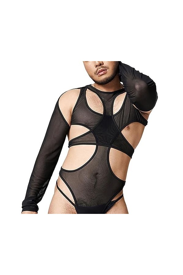 Hommes Leotard Bodysuit Thong Manches longues Maillot de corps en maille une pièce Sissy Lingerie Creux Combinaison T-Shirt S