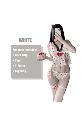 PONNYC Sexy Exotique Vêtements&nbsp;Fraise Motif Tenue Top Panties avec Collier Jambe Anneaux Bow-Knot Cosplay Costumes Mignons Py