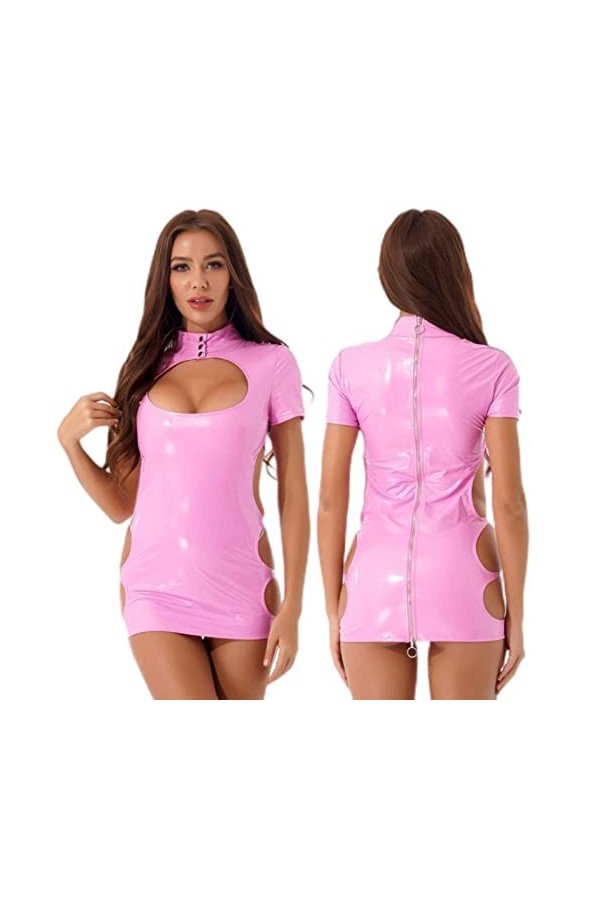 CHOUBAGUAI Robe sexy pour femme avec découpe dans le dos et fermeture éclair - Robe en cuir verni - Col montant - Manches cou