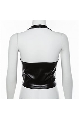 sous-vêtements sans Manches Eté Femmes Laçage Cou Lacing Sexy Hollow PU Vest,Noir