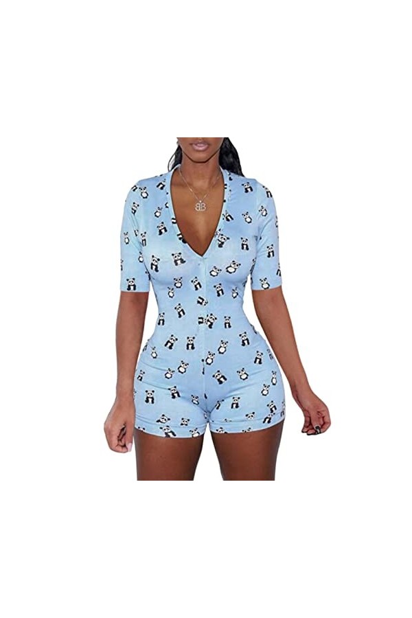 Wanita Sexy V profond Leher Celana Pendek Combinaison Floral Lengan Panjang Memakai Rumah Body une pièce Piyama Keseluruhan P