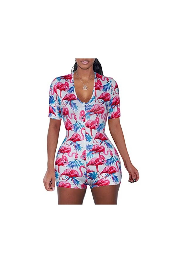 Wanita Sexy V profond Leher Celana Pendek Combinaison Floral Lengan Panjang Memakai Rumah Body une pièce Piyama Keseluruhan P