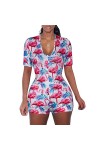 Wanita Sexy V profond Leher Celana Pendek Combinaison Floral Lengan Panjang Memakai Rumah Body une pièce Piyama Keseluruhan P