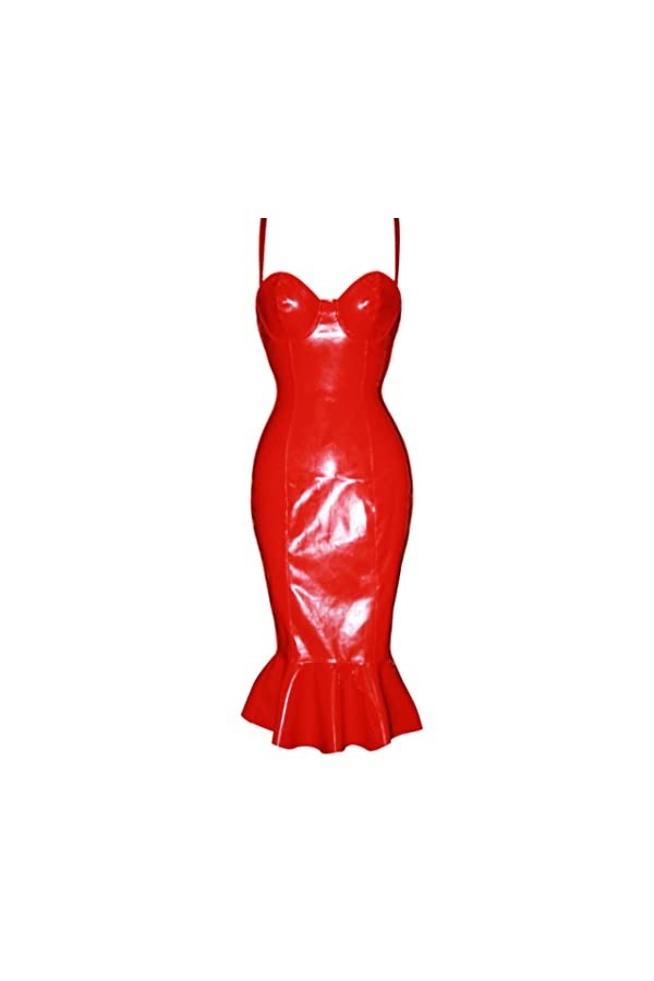 COOKOE Robe moulante sexy en PVC effet mouillé sans bretelles avec volants et épaules dénudées Rouge Noir