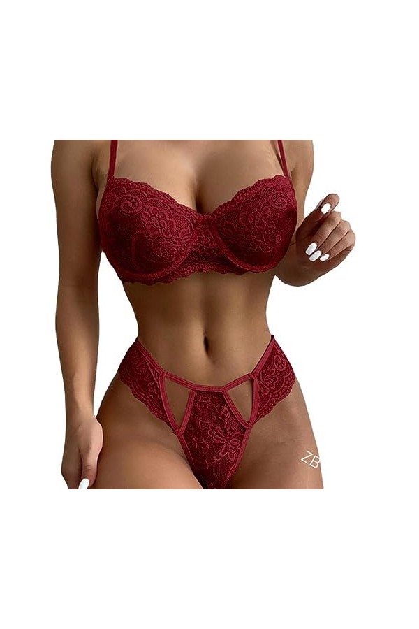 ZTIANEF LentrejambeSexy no-Take Deep V Bretelle Lingerie érotique Trois Points, Rouge, L