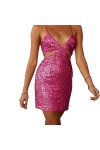 HYQHYX Robe Sexy à Sequins pour Femmes, col en V, Dos Ouvert, Robe à Bretelles évidée XS,Rose 
