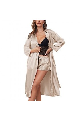 Pyjama pour femme 3 pièces - Lingerie en satin - Lingerie sexy - Slip complet - 3 pièces - Chemise de nuit courte - Lingerie 