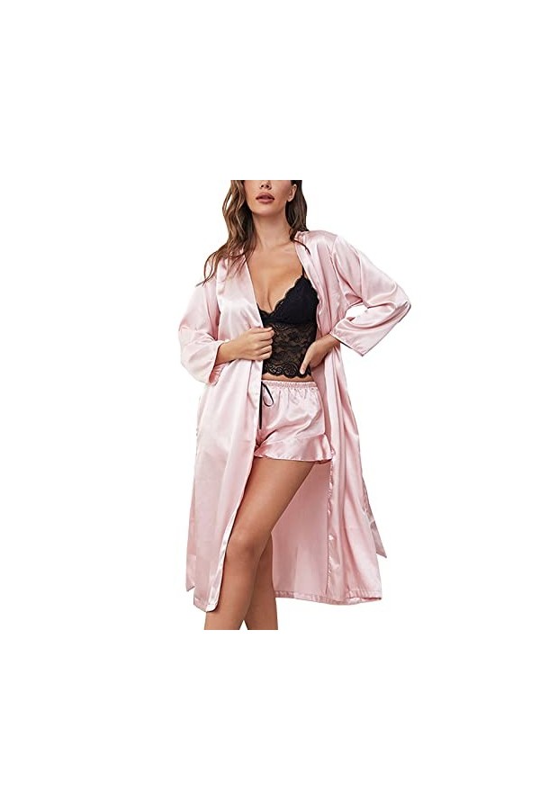 Pyjama pour femme 3 pièces - Lingerie en satin - Lingerie sexy - Slip complet - 3 pièces - Chemise de nuit courte - Lingerie 