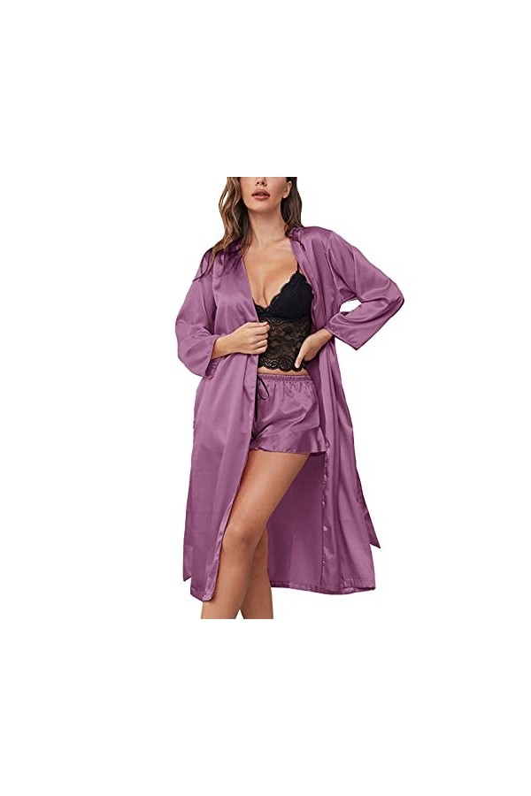 Pyjama pour femme 3 pièces - Lingerie en satin - Lingerie sexy - Slip complet - 3 pièces - Chemise de nuit courte - Lingerie 