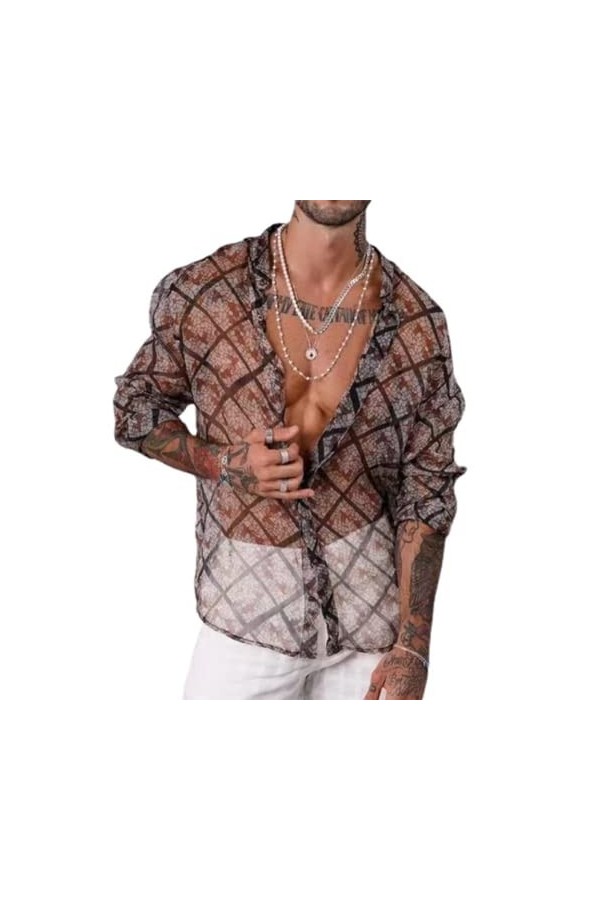 HSQSMWJ Homme Maille à Manche Longue Shirt Transparente Clubwear Top Color:Black,Size:M 