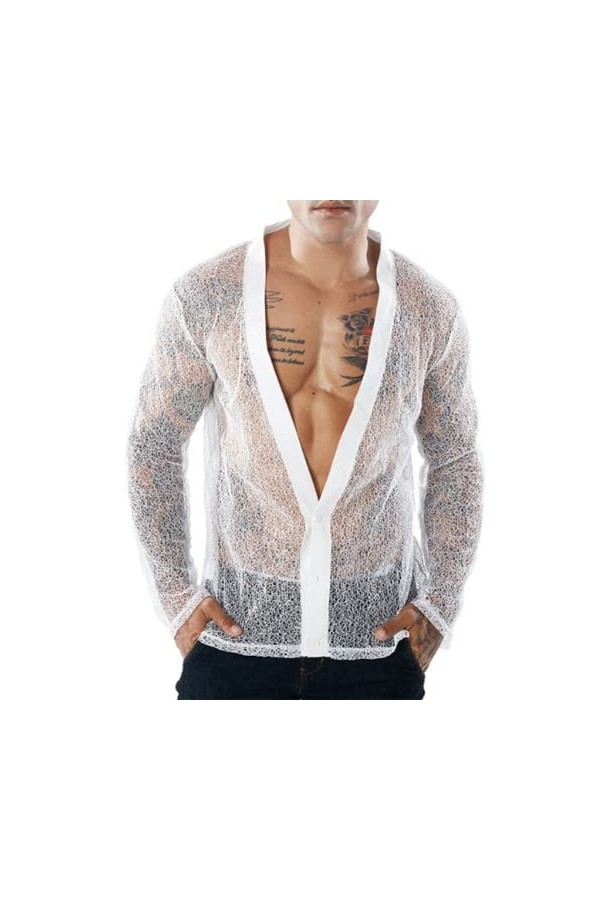 HSQSMWJ Homme Voir à Travers Maillot Chemise en Maille Transparent T-Shirt à Manches Longues Haut Top Color:Black,Size:S 