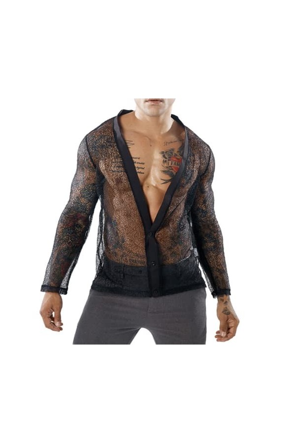 HSQSMWJ Homme Voir à Travers Maillot Chemise en Maille Transparent T-Shirt à Manches Longues Haut Top Color:Black,Size:S 