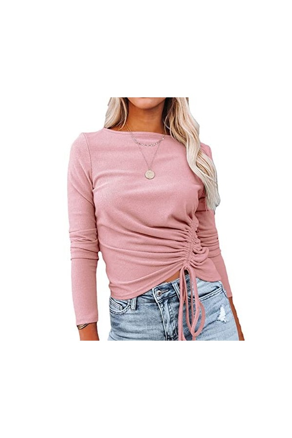 Pull tricoté Extensible pour Femme, Cordon de Serrage froncé à Manches Longues Haut Fin Col Rond Respectueux de la Peau pour 