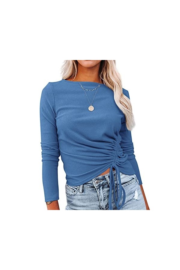 Pull tricoté Extensible pour Femme, Cordon de Serrage froncé à Manches Longues Haut Fin Col Rond Respectueux de la Peau pour 