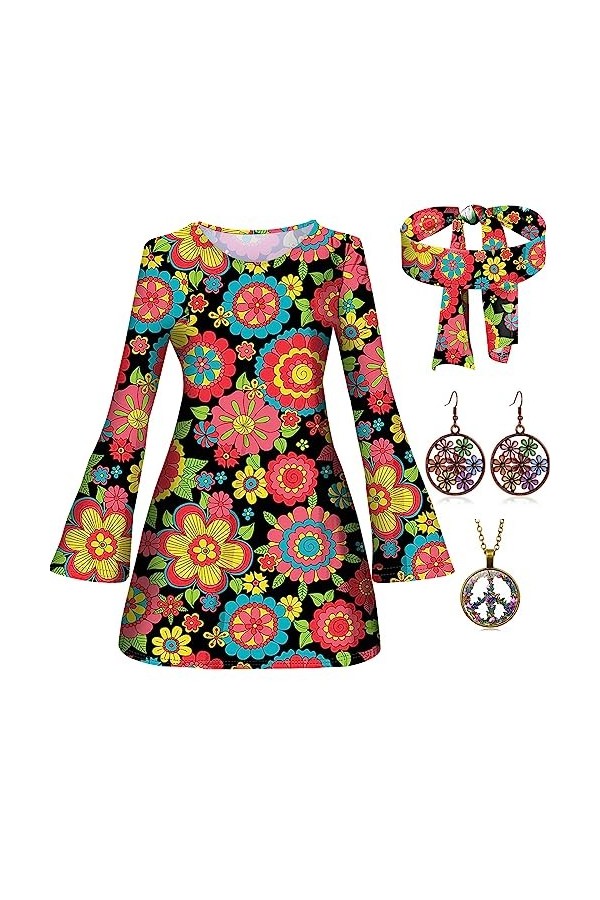 Johiux Lot de 4 costumes hippie pour femme, années 60, années 70, costume hippie pour femme, costume des années 70, robe hipp