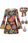 Johiux Lot de 4 costumes hippie pour femme, années 60, années 70, costume hippie pour femme, costume des années 70, robe hipp