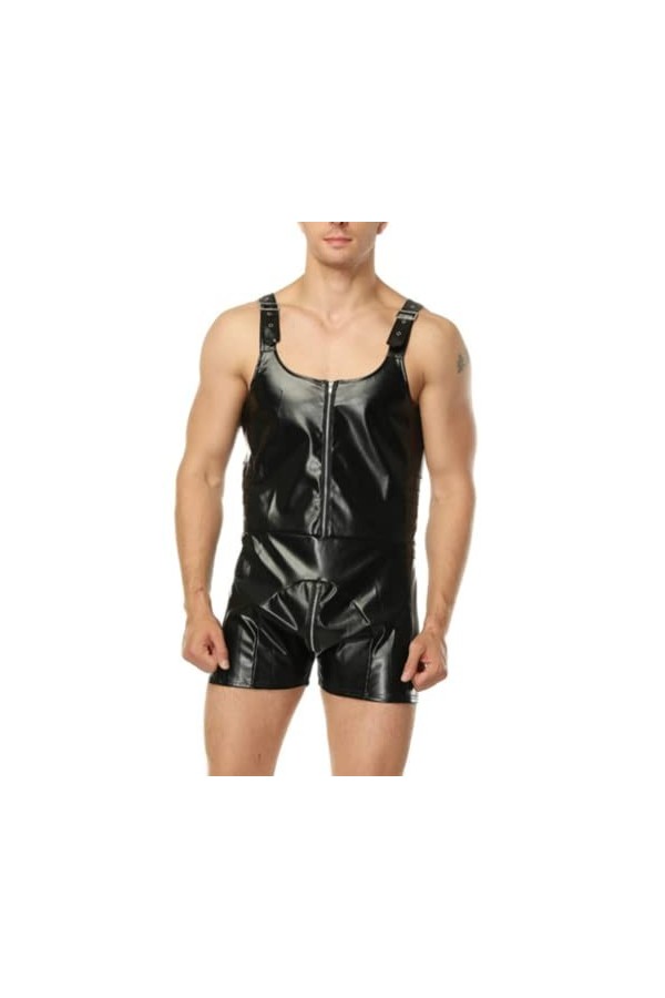 HSQSMWJ Catsuit Cuir Body Homme Maillots de Corps Verni Débardeur Gilet Boxer Combinaison Jumpsuit Color:Black,Size:XXL 