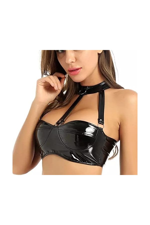 EXECAB Femmes Lingerie Soutiens-Gorge Sexy Night Party Clubwear Faux Cuir Réfléchissant sans Fil sans Coussin Soutien-Gorge H