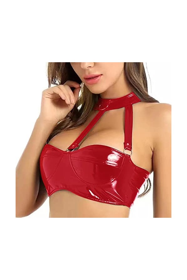 EXECAB Femmes Lingerie Soutiens-Gorge Sexy Night Party Clubwear Faux Cuir Réfléchissant sans Fil sans Coussin Soutien-Gorge H