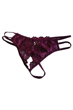 Fenteer Culotte Sous-vêtements String Dentelle Sexy Extensible Ouvert Devant G Chaîne T - Vin Rouge, Taille Unique