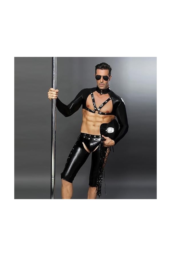 WRAZA Tenue de Jeu Rôle pour Hommes, Uniformes de Policier Vêtements érotiques, Combinaison en Latex pour Hommes Costume de S