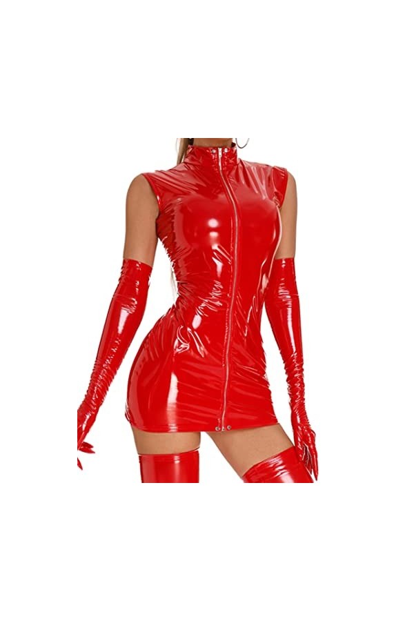 Robe en Cuir Verni à Fermeture éclair pour Femmes Body Wet Look Manches Longues Robes Moulantes Clubwear Pole Dance Vêtements