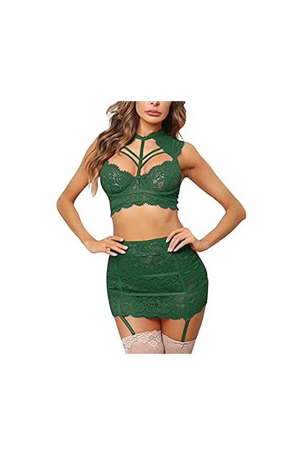 HELLORSOON Femme Sexy sous-vêtements Ajouré Moulant Ensemble Soutien-Gorge et Culotte Résille hypnotique Body en Dentelle pou