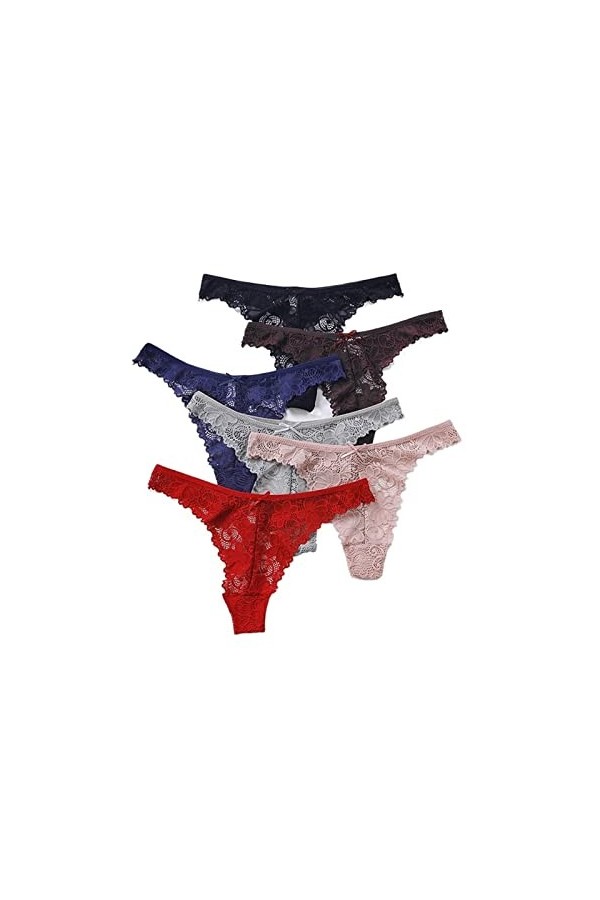 YAO FEI 6 Paquets De Culottes en Dentelle Sexy for Femmes Taille Basse Creux Transparent T Pantalon Pur Coton Entrejambe Slip