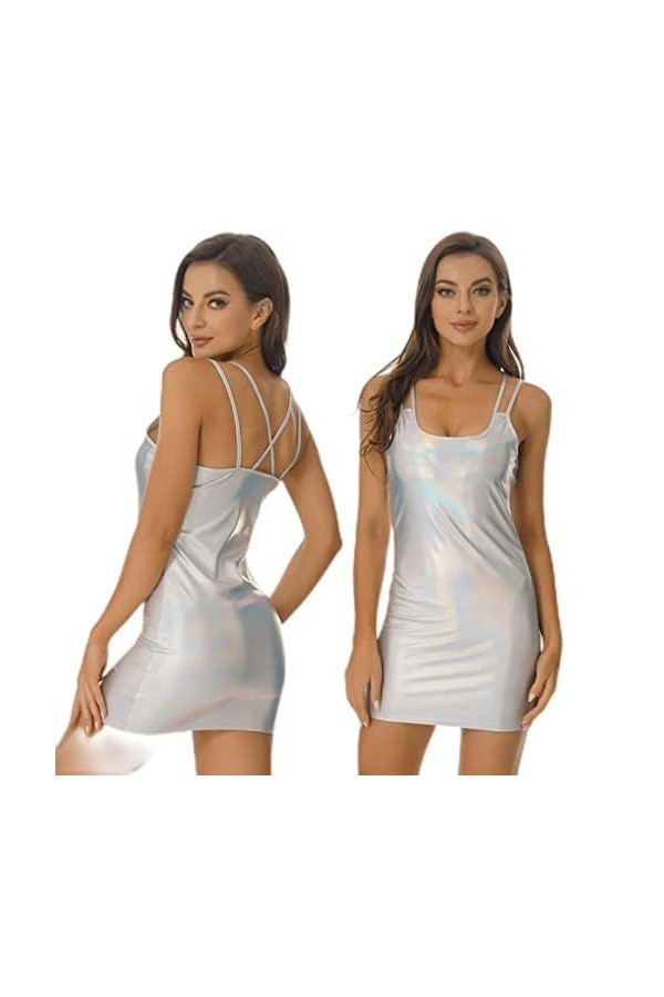 Jiangke Robe moulante sexy en cuir verni métallisé brillant pour femme - Dos croisé et bretelles spaghetti - Argenté B, XL