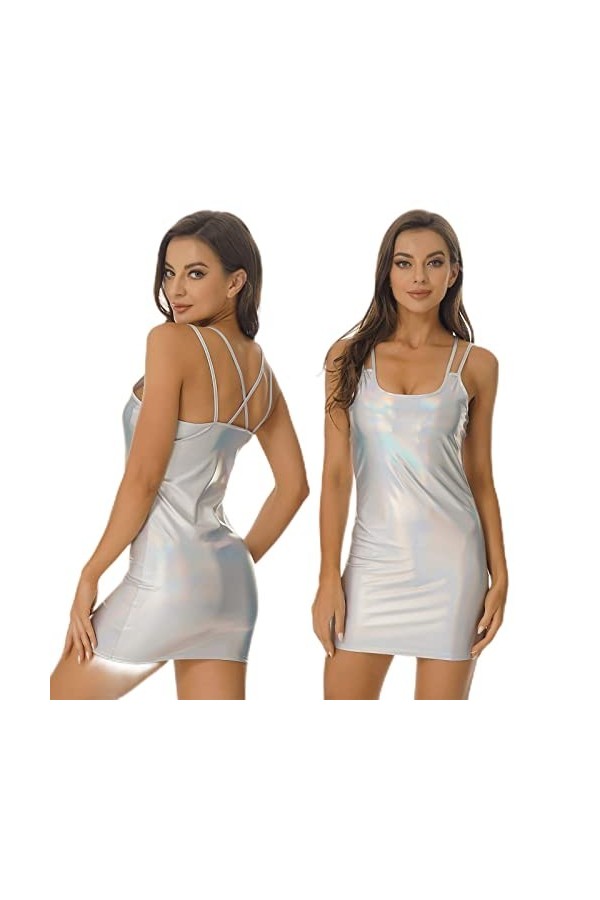 Jiangke Robe moulante sexy en cuir verni métallisé brillant pour femme - Dos croisé et bretelles spaghetti - Argenté B, XL
