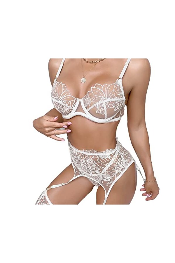 Lingerie Jarretière en Dentelle, Lingerie érogène en Dentelle Brodée 3/4 Tasse, Bretelles Réglables, Mode Blanche pour Mariag