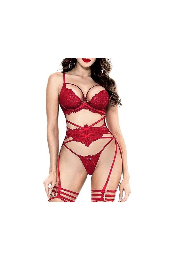 Ensemble de lingerie sexy en dentelle, soutien-gorge en dentelle et string avec porte-jarretelles 3 pièces - Rouge - 85