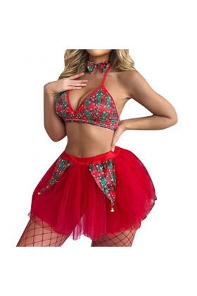 Vêtements de Noël Noeud Cloche Tutu Jupe Saint Valentin Plus La Taille Trois Pièces Sexy Lingerie Costume Red, S 
