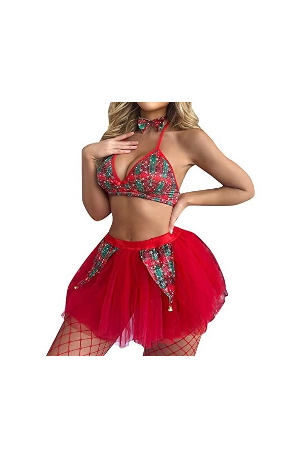 Vêtements de Noël Noeud Cloche Tutu Jupe Saint Valentin Plus La Taille Trois Pièces Sexy Lingerie Costume Red, S 