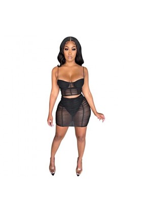 VUHF Sexy Two Morceau Set Femmes Jupe Clubwear Noir Sheer Mah Mulkon Mini Robe Ensembles Rafe Articles en Gros