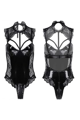 YGCLDRYERS Justaucorps en cuir verni avec fermeture éclair à lentrejambe pour femme Noir Taille M