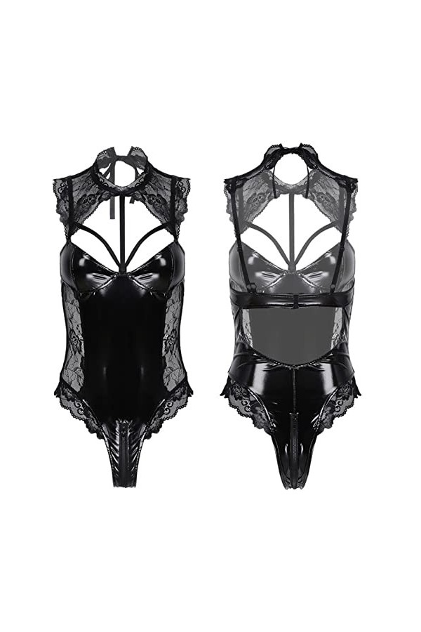 YGCLDRYERS Justaucorps en cuir verni avec fermeture éclair à lentrejambe pour femme Noir Taille M