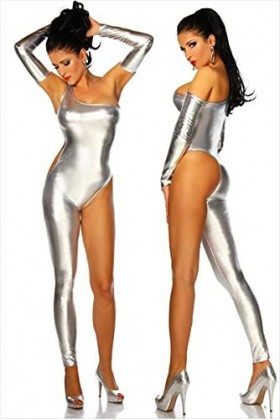 SEXYSY Body Sexy en Or Argent Une Jambe + Gants érotique Faux Cuir Catsuit PVC Lingerie Costume discothèque vêtements de Dans
